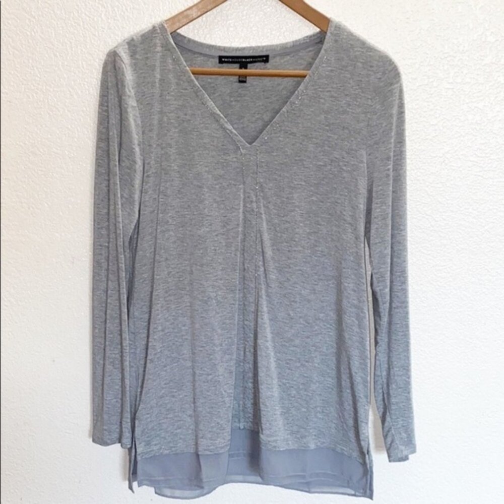 WHBM Gray V Neck Sparkle Detail Long Sleeve Top